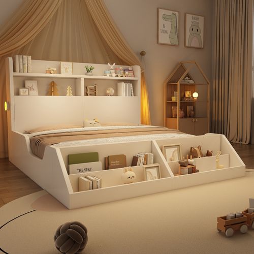 Lit Double 140x200 Cm Avec Structure En Bois Blanc Et Éclairage De Chevet