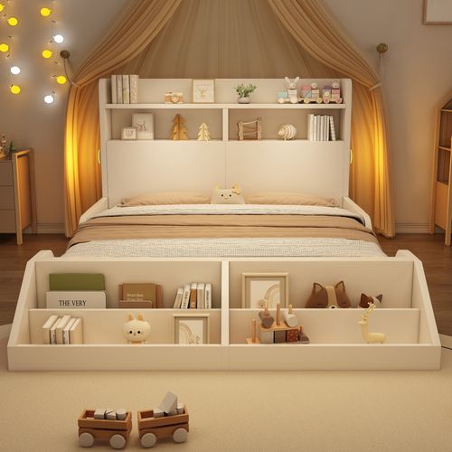 Lit Double 140x200 Cm Avec Structure En Bois Blanc Et Éclairage De Chevet