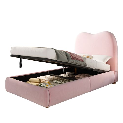 Lit Coffre 90x200 Cm Avec Sommier Relevable Tête De Lit Rembourrée Velours Rose