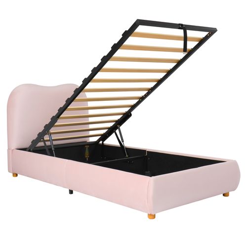 Lit Coffre 90x200 Cm Avec Sommier Relevable Tête De Lit Rembourrée Velours Rose
