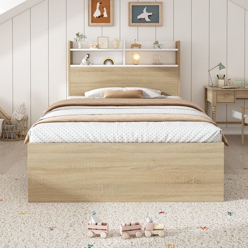 Lit Simple 90x200 Cm Avec Structure En Bois Et Rangements Blanc Et Chêne