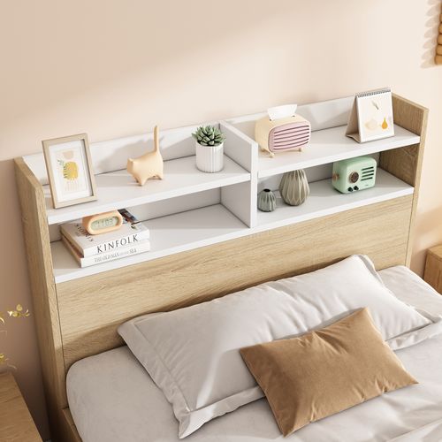 Lit Simple 90x200 Cm Avec Structure En Bois Et Rangements Blanc Et Chêne