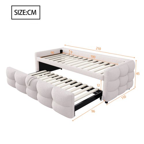 Lit Double 90/180x190 Cm Avec Structure Extensible Tissu Teddy Beige