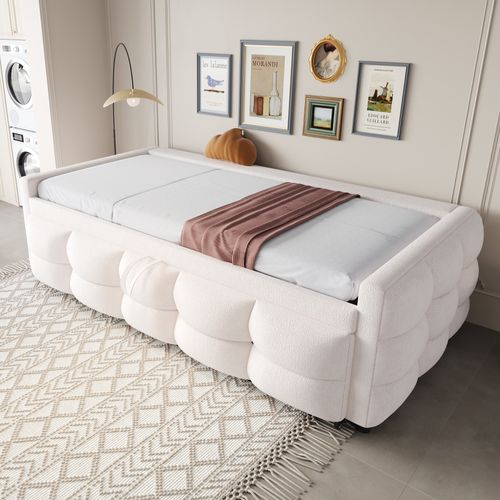 Lit Double 90/180x190 Cm Avec Structure Extensible Tissu Teddy Beige