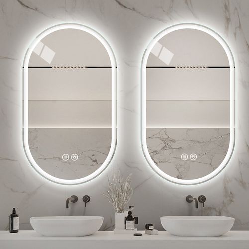 Miroir Mural 60x90 Cm Argenté à LED, 3 Températures Réglables, Intensité Variable Et Anti-buée