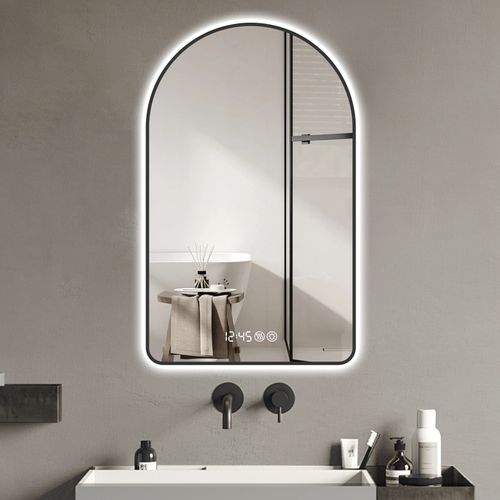 Miroir LED Arqué 70x120 Cm Noir, Horloge Et Température, Anti-buée, 3 Températures Dimmables