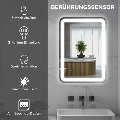 Miroir LED 50x70 Cm Verre Trempé Argenté, Ip44, 3 Tons Lumineux, Tactile Et Anti-buée