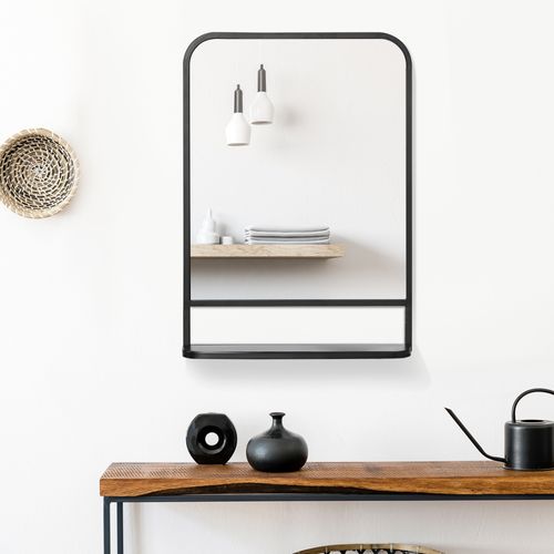 Miroir Mural 70x50 Cm En Métal Noir Avec Tablette Intégrée — Design Moderne Et Épuré