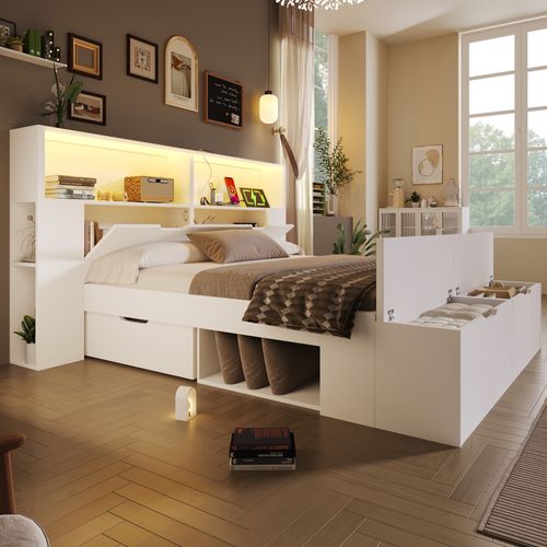 Lit Coffre 140x200 Cm Avec Structure En Bois Blanc