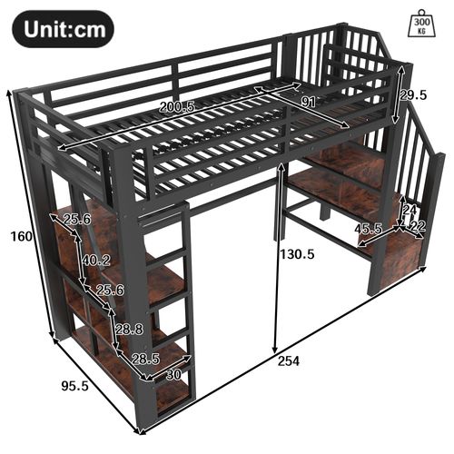 Lit Mezzanine 90x200 Cm Avec Structure Métal Et Mdf LED Noire