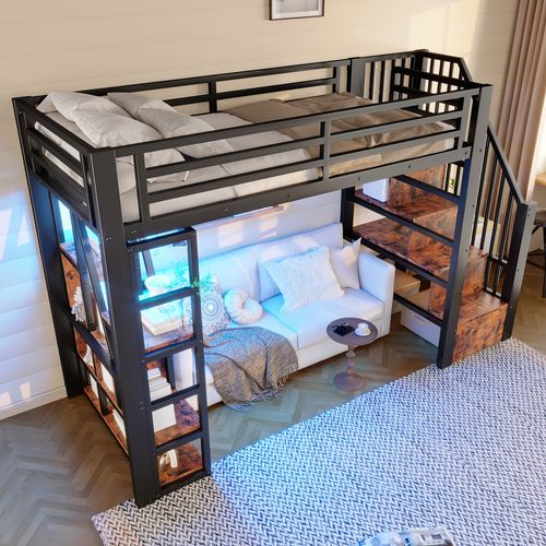 Lit Mezzanine 90x200 Cm Avec Structure Métal Et Mdf LED Noire