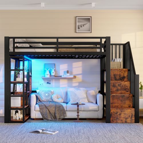 Lit Mezzanine 90x200 Cm Avec Structure Métal Et Mdf LED Noire