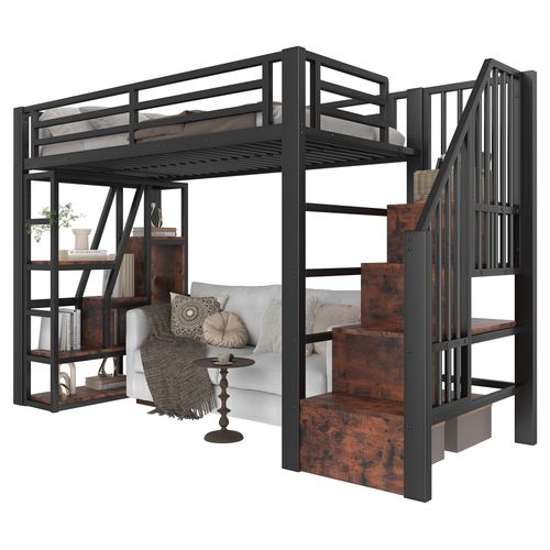 Lit Mezzanine 90x200 Cm Avec Structure Métal Et Mdf LED Noire