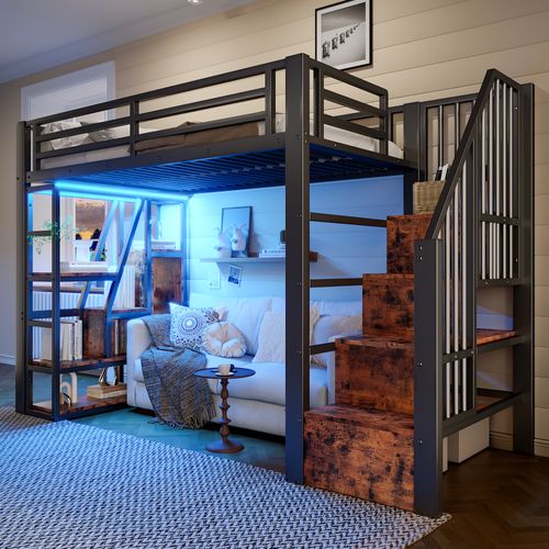 Lit Mezzanine 90x200 Cm Avec Structure Métal Et Mdf LED Noire