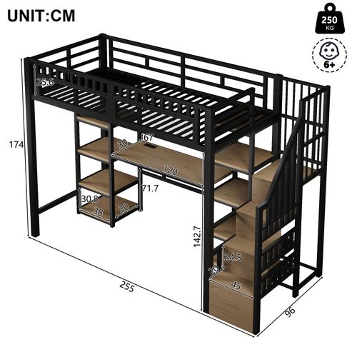 Lit Mezzanine 90x200 Cm Avec Structure En Métal Et Bureau Noir