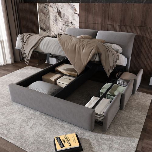 Lit Coffre 140x200 Cm Avec Sommier Relevable Tête De Lit Réglable Tissu Velours Gris