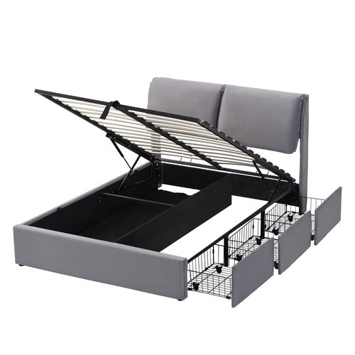 Lit Coffre 140x200 Cm Avec Sommier Relevable Tête De Lit Réglable Tissu Velours Gris