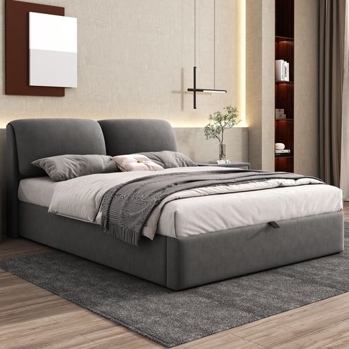 Lit Coffre 140x200 Cm Avec Sommier Relevable Tête De Lit Réglable Tissu Velours Gris