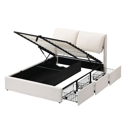 Lit Coffre 140x200 Cm Avec Sommier Relevable Hydraulique Velours Beige