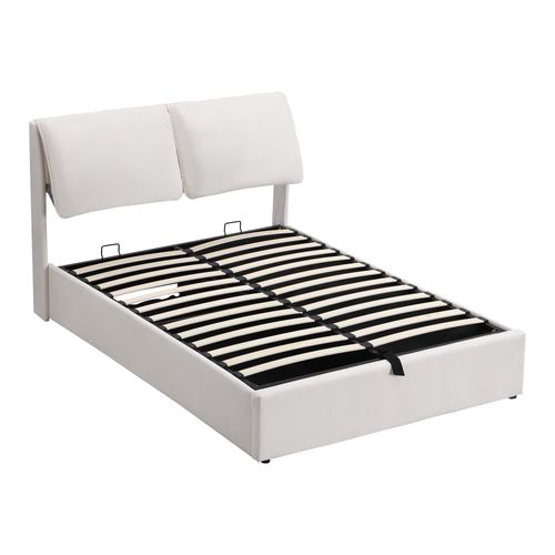 Lit Coffre 140x200 Cm Avec Sommier Relevable Hydraulique Velours Beige