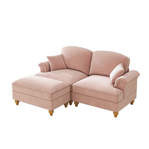 Canapé Modulable 2 Places En Chenille Rose, Jupe Amovible, Pieds Fuseau, Dossier Segmenté