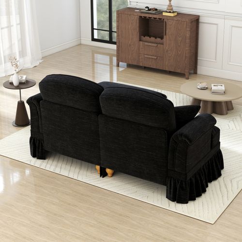 Canapé Modulable En Chenille Noire 2 Places, Jupe Amovible Et Pouf Mobile, Style Mi‑siècle