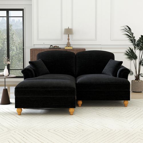 Canapé Modulable En Chenille Noire 2 Places, Jupe Amovible Et Pouf Mobile, Style Mi‑siècle
