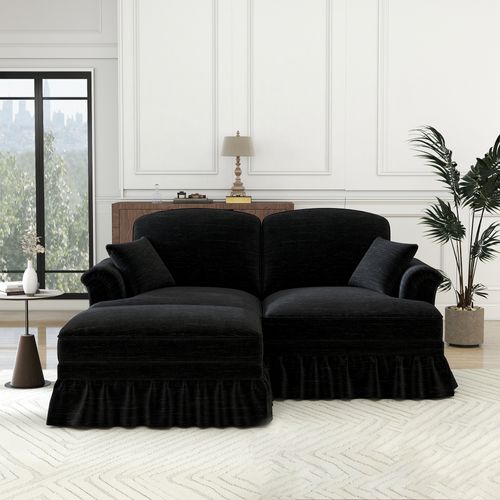 Canapé Modulable En Chenille Noire 2 Places, Jupe Amovible Et Pouf Mobile, Style Mi‑siècle