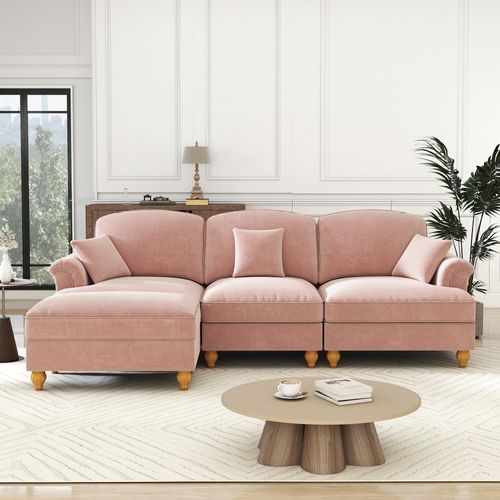 Canapé Modulable 3 Places En Chenille Rose, Jupe Amovible Pour Deux Looks, Assise Profonde Et Pouf