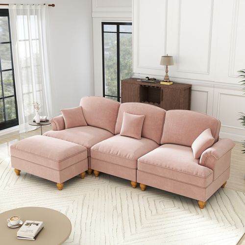 Canapé Modulable 3 Places En Chenille Rose, Jupe Amovible Pour Deux Looks, Assise Profonde Et Pouf