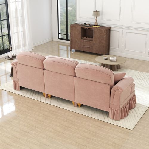 Canapé Modulable 3 Places En Chenille Rose, Jupe Amovible Pour Deux Looks, Assise Profonde Et Pouf