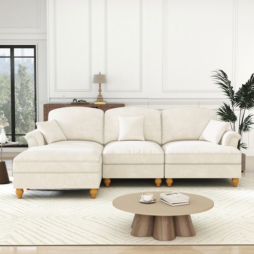 Canapé D'appoint Modulable 3 Places En Chenille Blanche, Jupes Amovibles, Piétement Fuselé