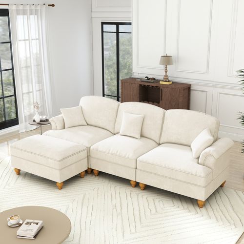 Canapé D'appoint Modulable 3 Places En Chenille Blanche, Jupes Amovibles, Piétement Fuselé