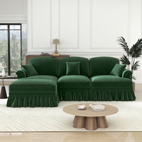 Canapé Modulable 3 Places En Chenille Verte, Style Mid-century, Assise Profonde Et Pouf Mobile