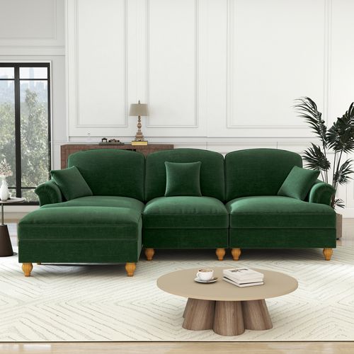 Canapé Modulable 3 Places En Chenille Verte, Style Mid-century, Assise Profonde Et Pouf Mobile