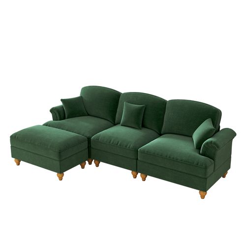 Canapé Modulable 3 Places En Chenille Verte, Style Mid-century, Assise Profonde Et Pouf Mobile