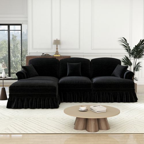 Modulable 3 Places En Chenille Noire, Jupe Amovible Pour Deux Looks, Dossier Segmenté