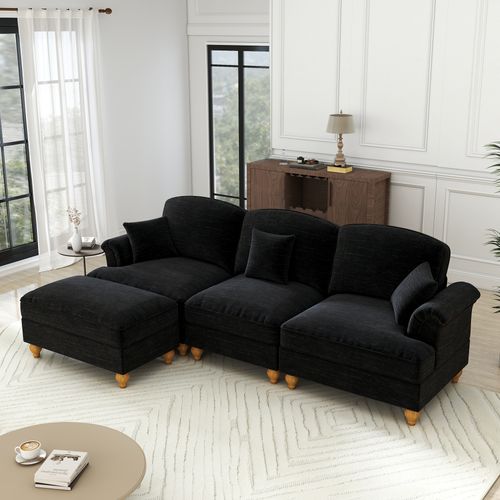 Modulable 3 Places En Chenille Noire, Jupe Amovible Pour Deux Looks, Dossier Segmenté