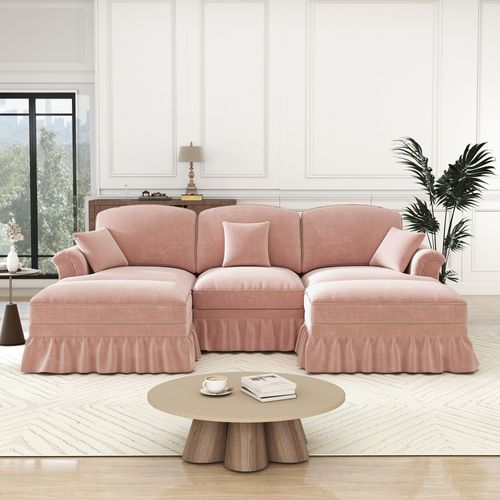 Canapé Modulable En Chenille Rose, 4 Modules, Jupes Amovibles, Deux Styles, Assise Large
