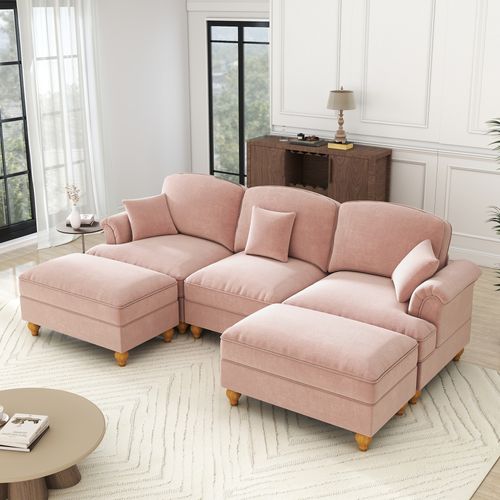 Canapé Modulable En Chenille Rose, 4 Modules, Jupes Amovibles, Deux Styles, Assise Large
