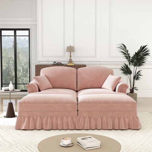 Banquette Modulable 2 Places En Chenille Rose, Jupe Amovible, Dossier Segmenté Et Pouf