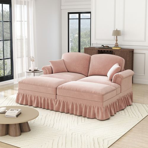 Banquette Modulable 2 Places En Chenille Rose, Jupe Amovible, Dossier Segmenté Et Pouf