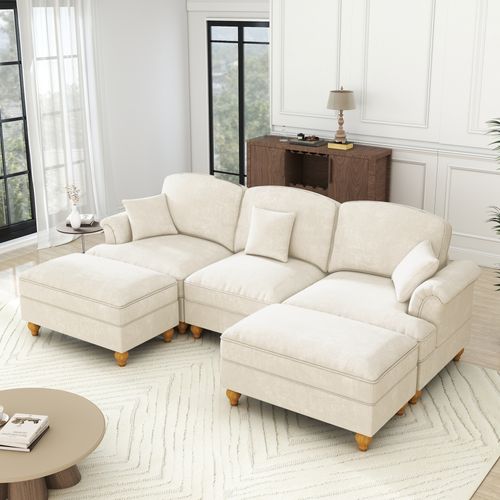 Canapé 4 Modules En Chenille Blanche, Jupe Amovible, Pieds Fuselés Et Pouf Mobile