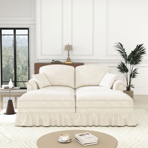 Canapé Modulable 2 Places En Chenille Blanche, Jupes Amovibles Deux Looks, Pouf Mobile