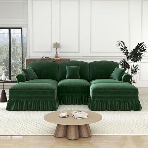 Canapé Modulable En Chenille Vert, Deux Styles Avec Jupe Amovible Et Pouf Mobile