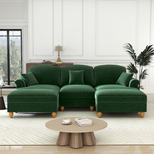 Canapé Modulable En Chenille Vert, Deux Styles Avec Jupe Amovible Et Pouf Mobile