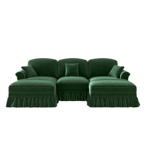 Canapé Modulable En Chenille Vert, Deux Styles Avec Jupe Amovible Et Pouf Mobile