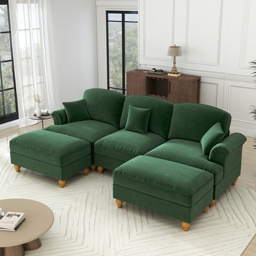 Canapé Modulable En Chenille Vert, Deux Styles Avec Jupe Amovible Et Pouf Mobile