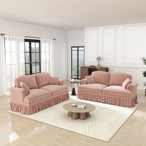 Canapé Modulable 2 Places En Chenille Rose, Jupes Amovibles, Pouf Mobile Et Design Mid‑century