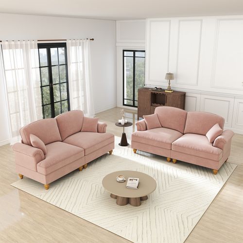 Canapé Modulable 2 Places En Chenille Rose, Jupes Amovibles, Pouf Mobile Et Design Mid‑century